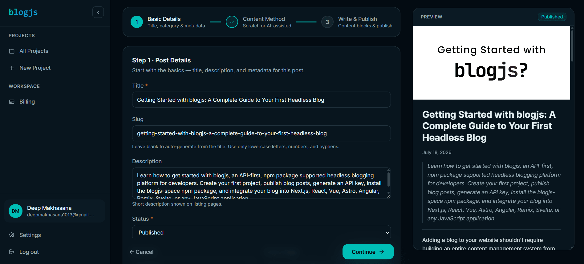 Blog posts dashboard