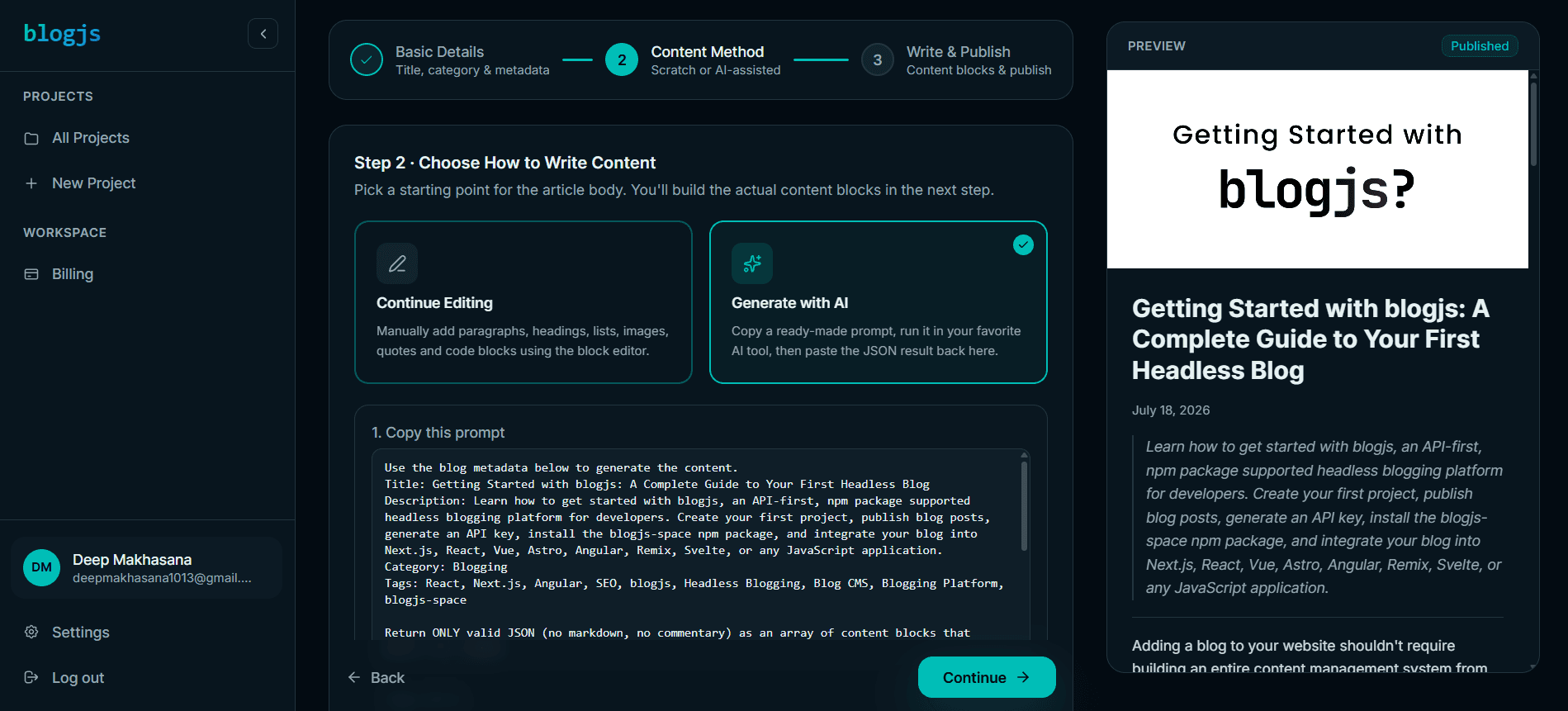 Blog posts dashboard