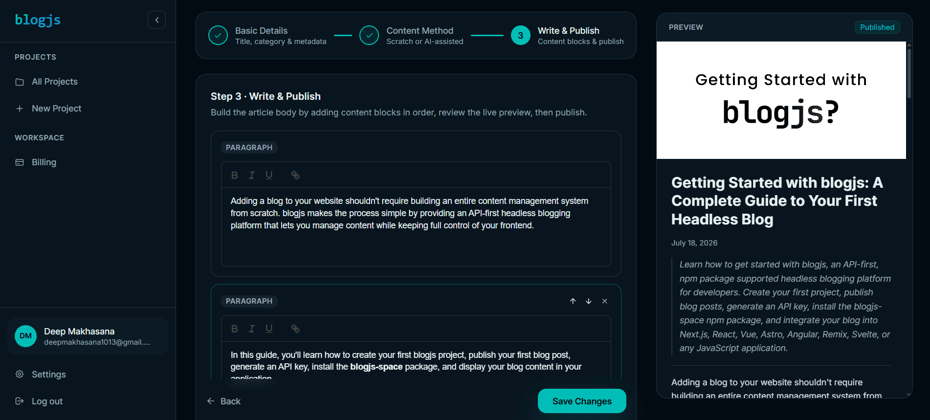 Blog posts dashboard